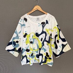 INOAH Women’s XL Meow Cat & Fish Abstract Print Pop Over Art to Wear Top